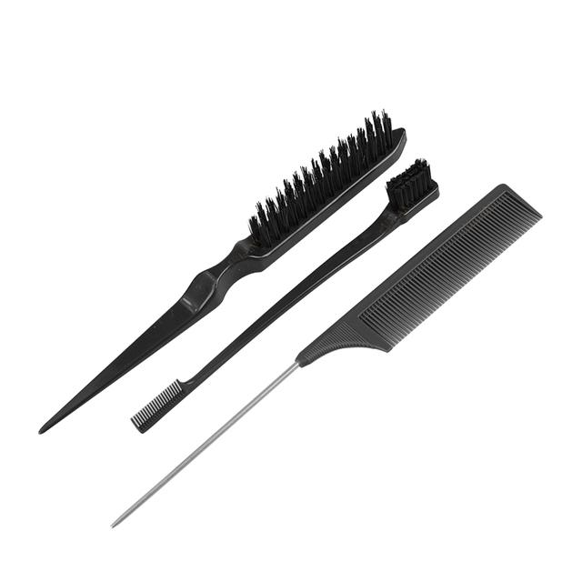3 Pcs Professional Hair Styling Comb Set: Metal Pin Rat Tail Comb, Teasing Brush & Double-Ended Edge Eyebrow Brush for Salon & Home Hair Braiding, Sty