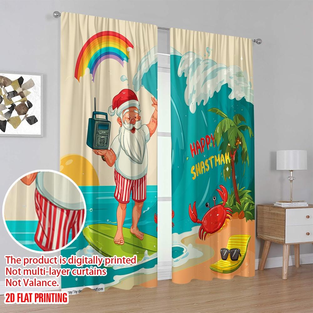 2 Stück, 2D-Flachdruck Beliebte Vorhänge Santa Surfen Strand Polyester Einfache Installation (ohne Stange) Dekorationen Außen für Wohnen