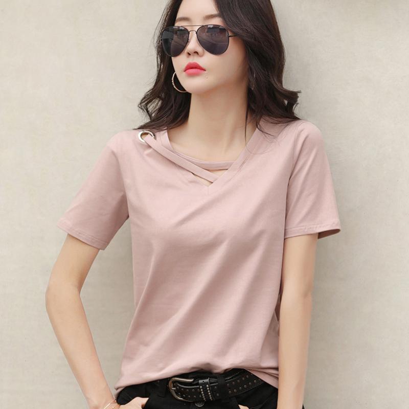 

Женская летняя белая футболка с короткими рукавами, женская свободная корейская версия с v-образным вырезом, трендовая повседневная рубашка InsT. XL розовый