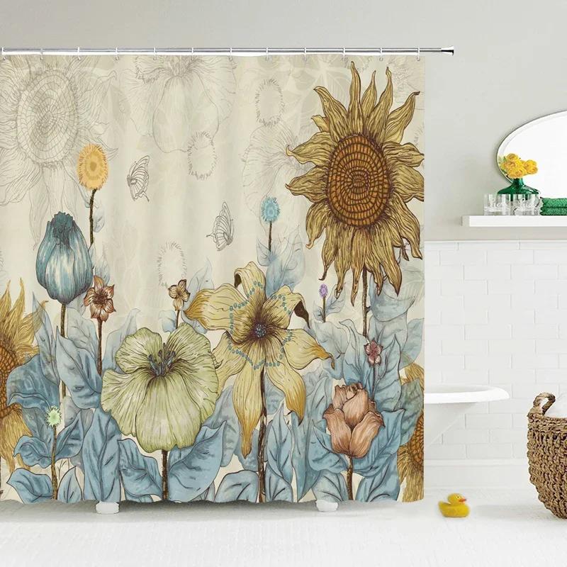 Elegant Floral Flowers Retro Rose Shower Curtain Polyester Bath Curtain Bathroom Decor Washable With Hook