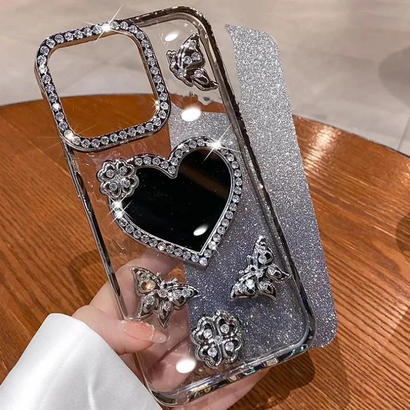 Heart Make Up Mirror Case For iPhone 16 Pro Max 15 Plus Plating Butterfly Cover For iPhone 14 Pro 13 12 11 Glitter Diamond Case