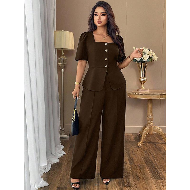 

Plus-size Women s Solid-color Round-neck Fitted Top with Waistband, Straight-leg Pants Set, Puff Sleeve Top, Drapey Wide-leg Pants 4XL коричневий