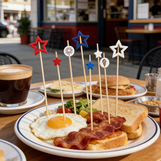 100 Stück Bambus-Zahnstocher, Rot Weiß Blau Stern Cocktail-Spieße, 4,7 Zoll Vorspeisen-Spieße für Burger Sandwiches Charcuterie Obst-Snacks, Patriotisch