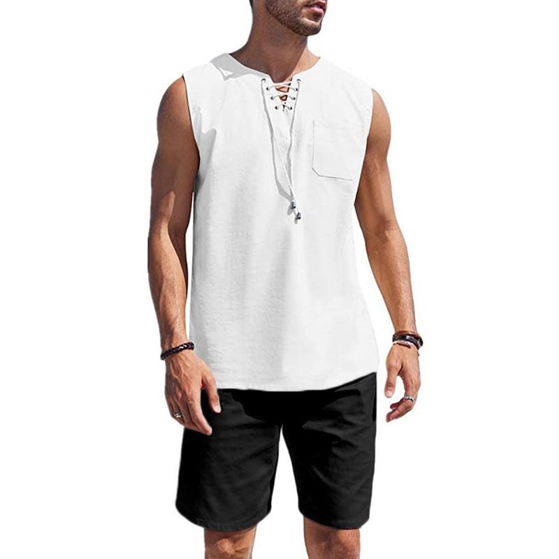 

Мужской жилет из хлопка и льна, однотонный, легкий, дышащий, с V-образным вырезом, на шнурке, для отдыха на пляже, уютные костюмы XXXL чёрный/белый