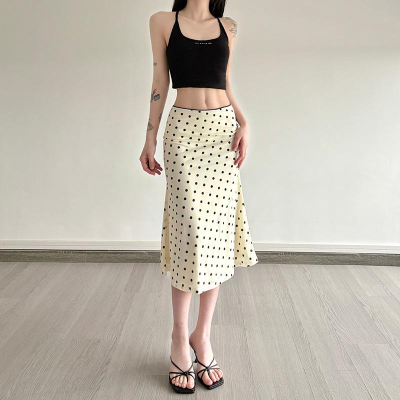 Spring Women S Solid Color Slim-Fit Fashion High-Waisted Polka Dot Pencil Skirt Versatile S белый