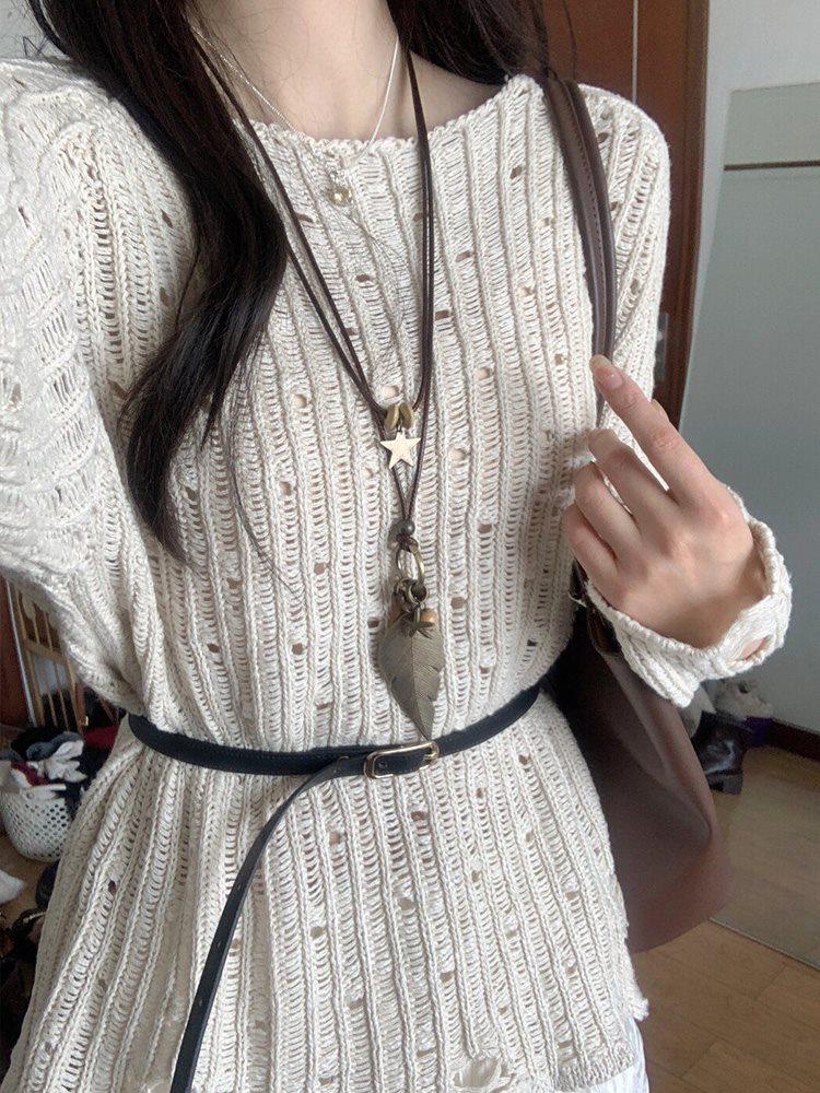 **Korean Autumn Casual Knitted Sweater & Mesh Midi Skirt Set In Tea Color**