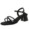 Open-toed rhinestone high-heeled sandals commuting summer fashion going out thick heel square head one-word buckle with skirt women's shoes