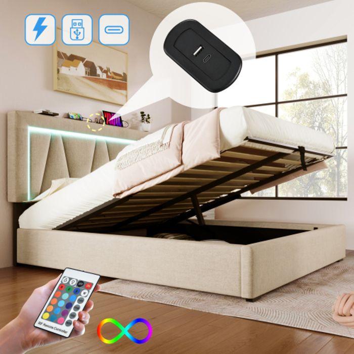 Lit LED Tapissé Avec Éclairage LED USB Type C, Cadre De Lit En Lin Lit Jeune 160x200 Avec Sommier À Lattes (avec Matelas)