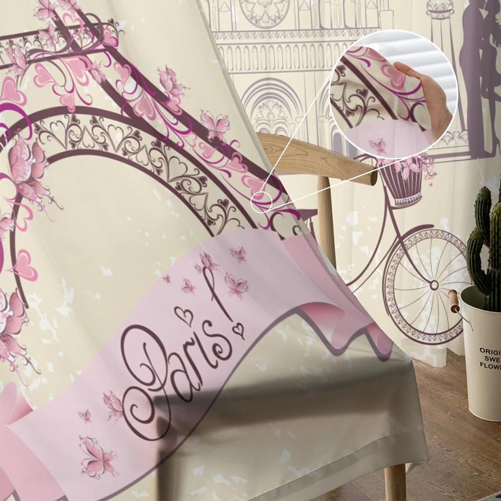 France Paris Tower Hot Air Balloon Bicycle Retro Tulle Curtains for Living Room Drapes Window Sheer Curtains for Bedroom Decor