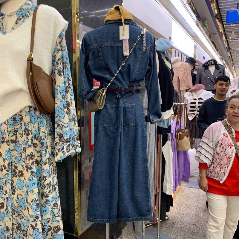 2024 Spring Korean Retro Denim Waist-Slimming Dark Blue Dress