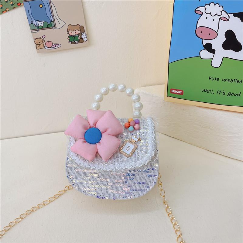Cute Pu Leather Children's Handbag With Floral Sequins Princess Series Shoulder Bag For Toddlers