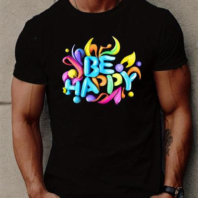 Be Happy Graphic Tee Men Casual Summer Short Sleeve Cotton T-Shirt Breathable Daily Wear