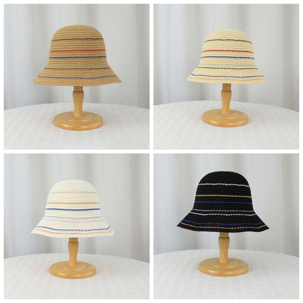 Hollow Out Knitted Bucket Hat Temperament Sun Protection Cap Colorful Striped Fisherman Hat Spring