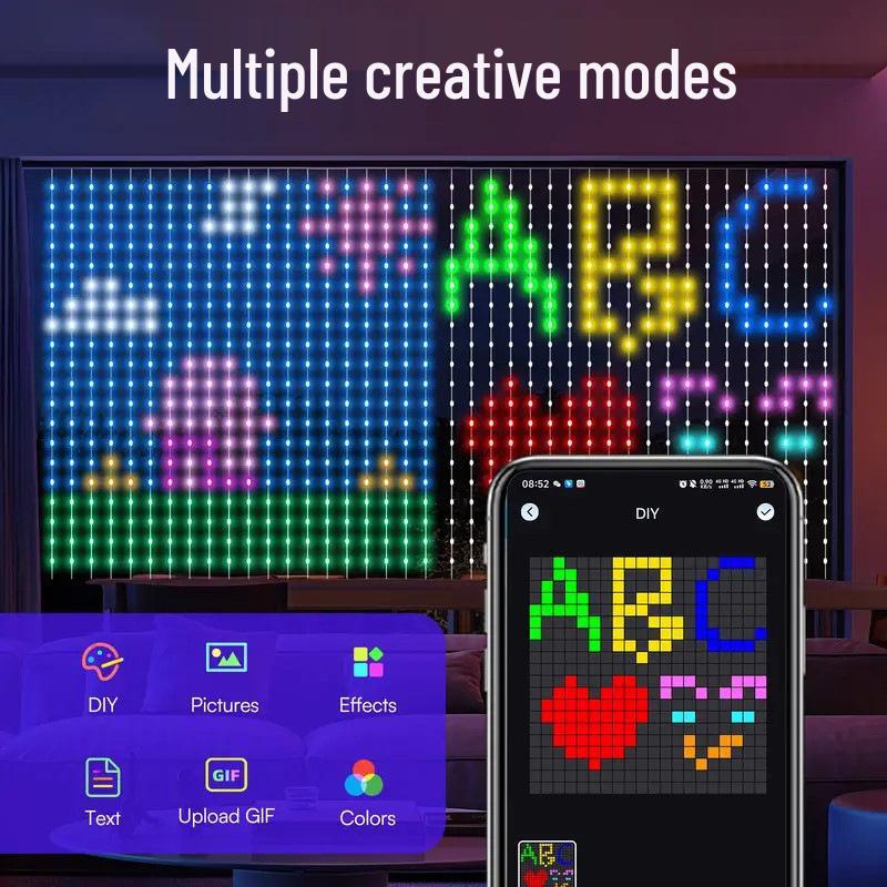 Grid Screen Hanging Smart LED Curtain Lights with Leather Line Decoration for Christmas and Dual Control Features