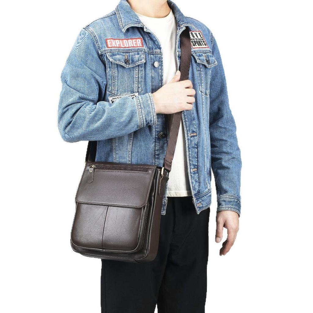 2026 Top Grain Leather Vintage Flap Over Crossbody Bag, Men Genuine Leather Daily Commute Single Shoulder Bag