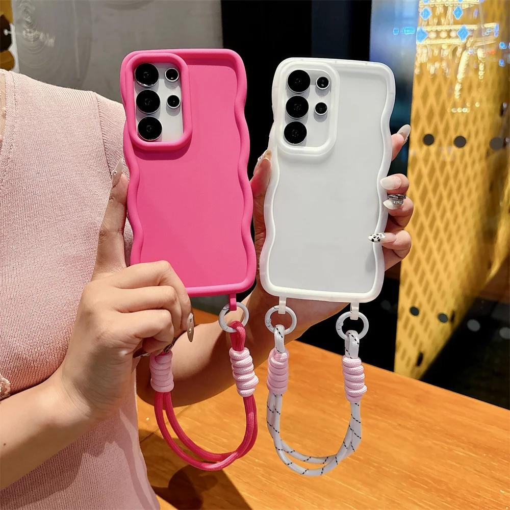 Candy Color Silicone Soft Phone Case For Samsung Galaxy S25 Ultra S24+ Plus with Wrist Strap Wave Edge Frame Protective Cover