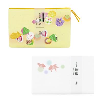 Kamiiso Sansho Kimono Beauty Iyo Washi Paper with Case and 2 Japanese Sweets X Set of 40 (1 Piece) Pieces, & Goldfish, 17.5 14.5cm,
