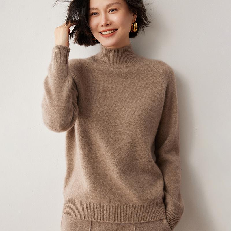 Women's Cashmere Raglan Sleeve Sweater: Half-High Neck, Double Ply, Thick & Warm Base Layer for Autumn/Winter.