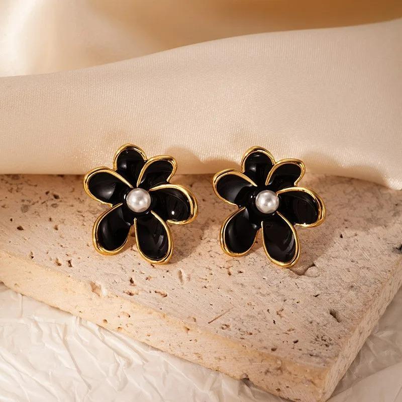 Vintage Smudging Enamel Pearl Drop Glaze Flowers Stud Earrings for Women Multi-colored Fashion Jewelry Accessories