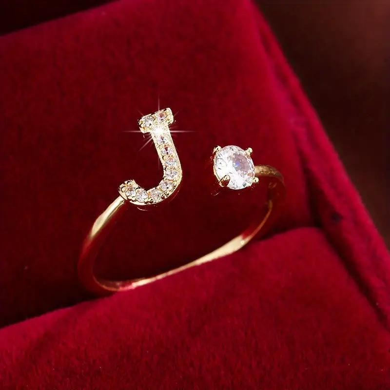 26 English Letter Micro-set Zircon Fashion Women's Ring, Copper-plated 14K Open Plain Ring