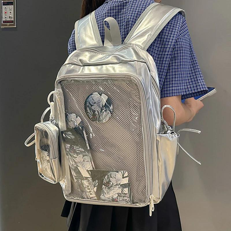 New Large Capacity PU Students DIY Anime Badge Ulzzang Ita Bags Y2K Aesthetic Women Backpacks Individuality Mochilas Para Mujer