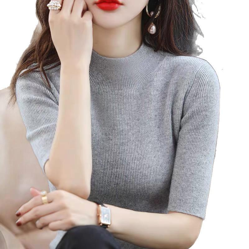 Women's Angola Red Slim Fit Knitted Pullover Sweater with Half-High Neck & Five-Sleeves for Spring & Autumn 2025.