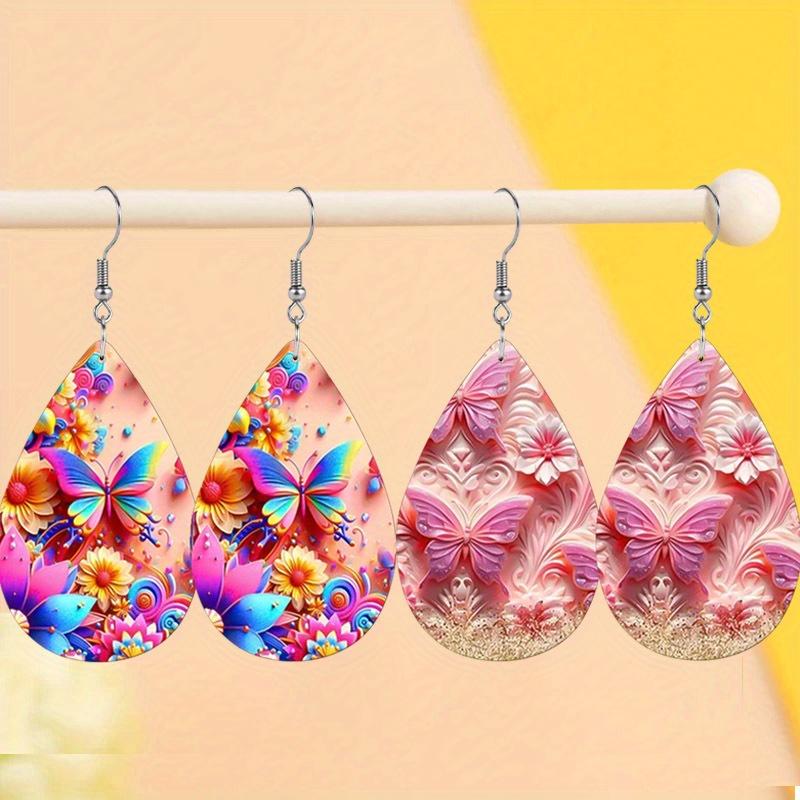 Vibrant Spring Blue Pink Butterflies with Floral PU Earrings for Women, Y2K Pink Color Double Sided Print Waterdrop Earrings
