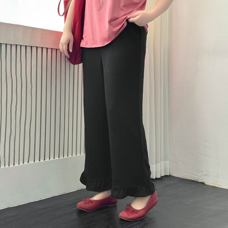 

Plus size women clothing [Ice Silk Fiber Smooth Skin Pants] Summer Chubby Girl Wooden Ear Patchwork Casual Capri Wide Leg Pants Night Sky Black 9xl