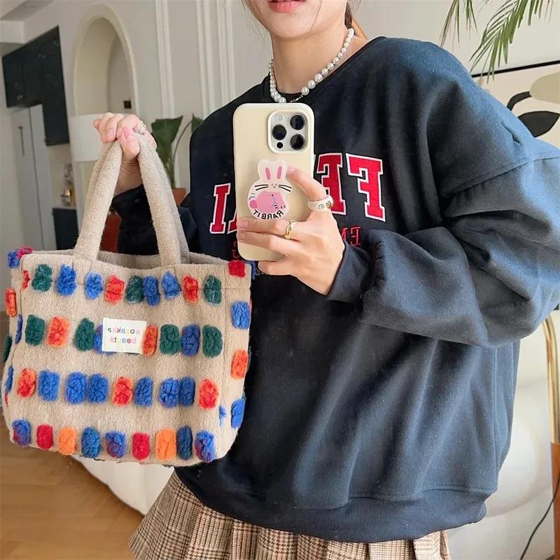 Color Plush Dots Women'S Bento Handbags Retro Design Female Fluffy Bucket Bags Large Capacity Shoulder Bag Purse Casual Tote