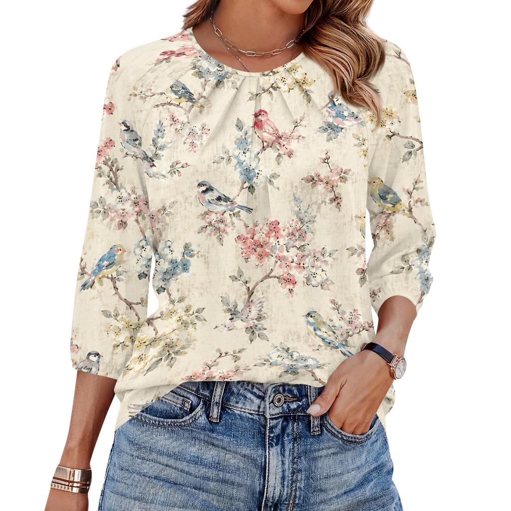 Women's Floral Print 3/4 Sleeve Round Neck Pleated Top Casual Loose Fit Blouse Lightweight Soft Fabric Shirt for Daily Wear