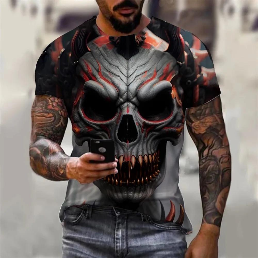 Men's Summer Skull Print T-Shirt Soft Breathable Round Neck Outdoor Street Style Casual Graphic Tee Comfort Top