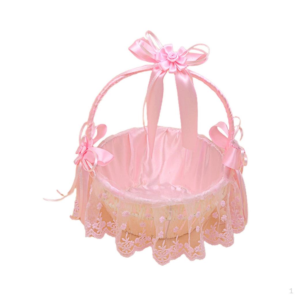 Basket with Ribbons for Flower Girls, Bowknot Design, Handle Included, Wedding Accessories