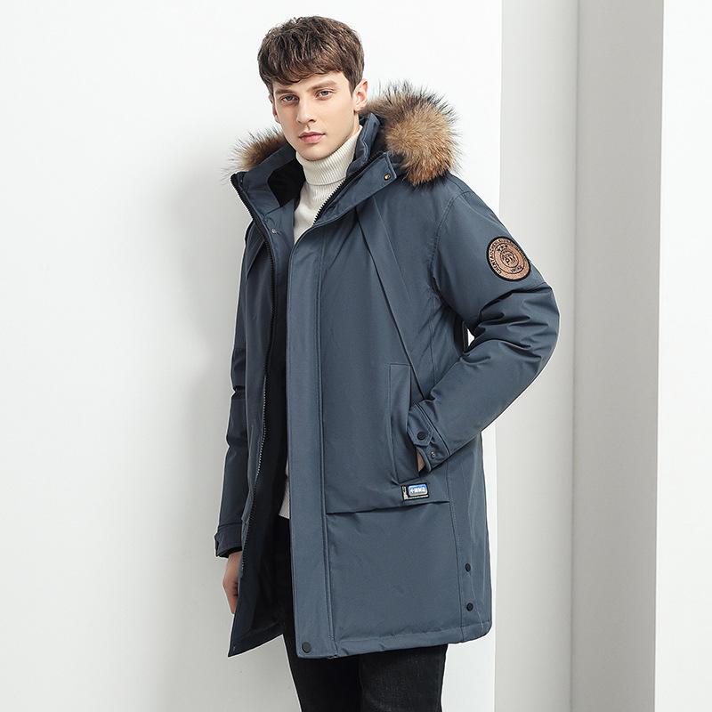 Men's Faux Fur Trim Hooded Long Puffer Jacket Solid Color Thick Winter Parka