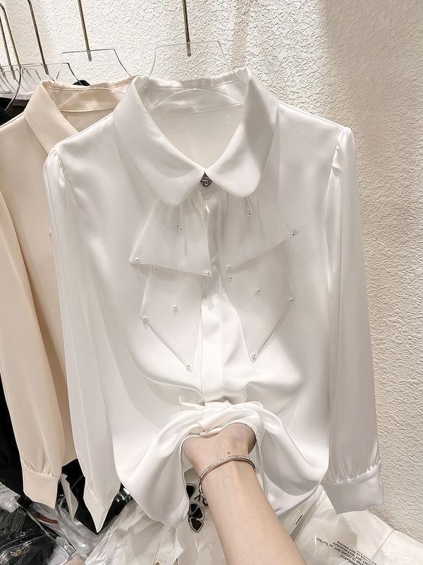 2024 Koreanischer Stil Rüschen Perlenbesetztes Revers Langarm Chiffon Top für Damen