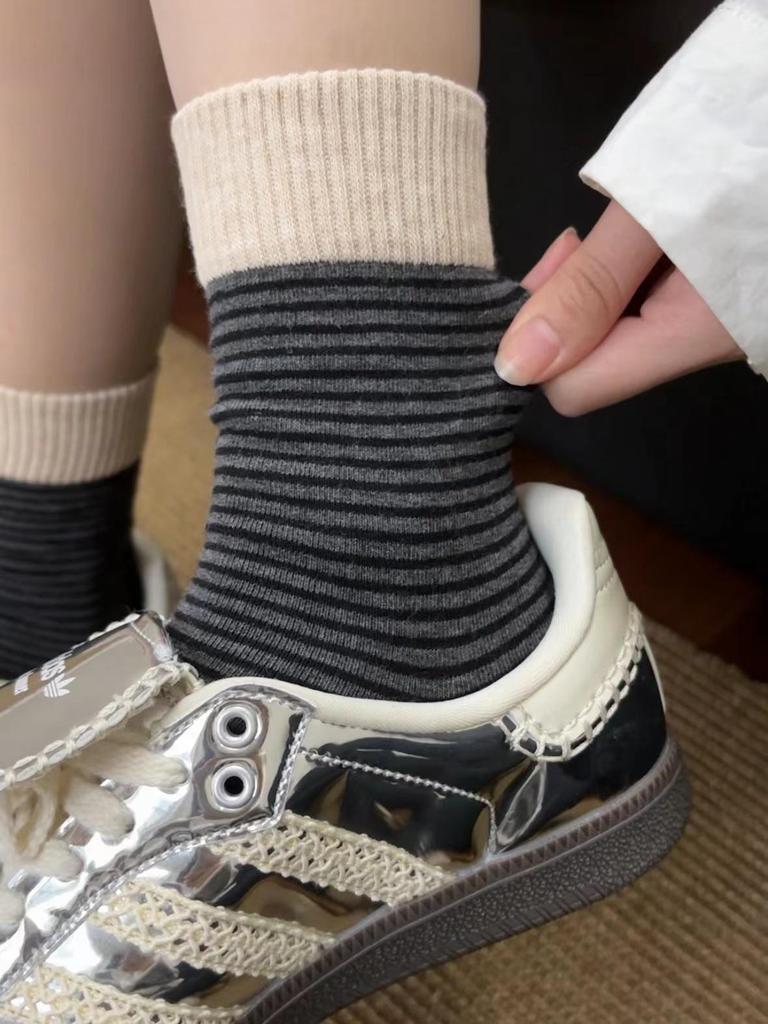Korean Striped Cotton Mid-Calf Socks for Women - Spring/Autumn Trendy Long Socks, Summer Thin Style