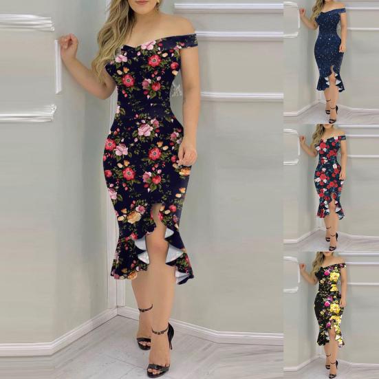 Formal Dress Off Shoulder Irregular Sleeveless Non-positioning Print Bodycon Dress for Wedding