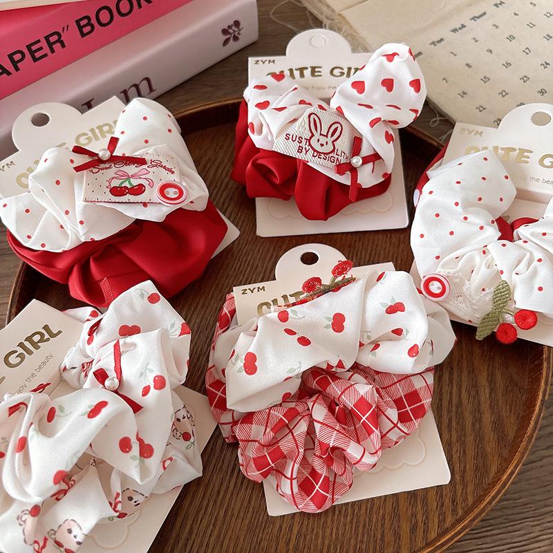 Red Scrunchies Cherry Plaid Girls Elastic Hair Bands Red Bow Polka Dot Heart Hair Rope Ties Ponytail Holder Rubber Band Headwear