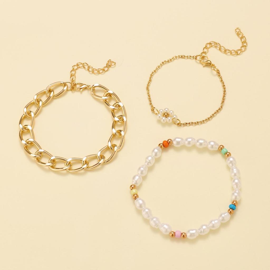 Minimalist European & American Pearl Flower Chunky Cuban Chain Bracelet Set for Women - Summer Hand Accessories