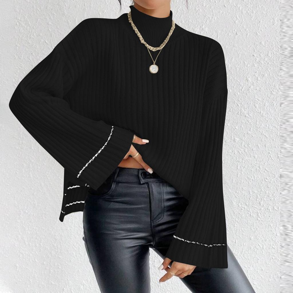 Women's Casual Fashion Colorblock Knitted Brushed Turtleneck Long Sleeve Top