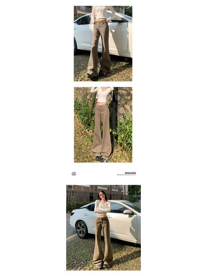 Unisex Retro American High-Street Brown & Green Wide-Leg Jeans - Spring & Autumn Casual Floor-Length Pants.