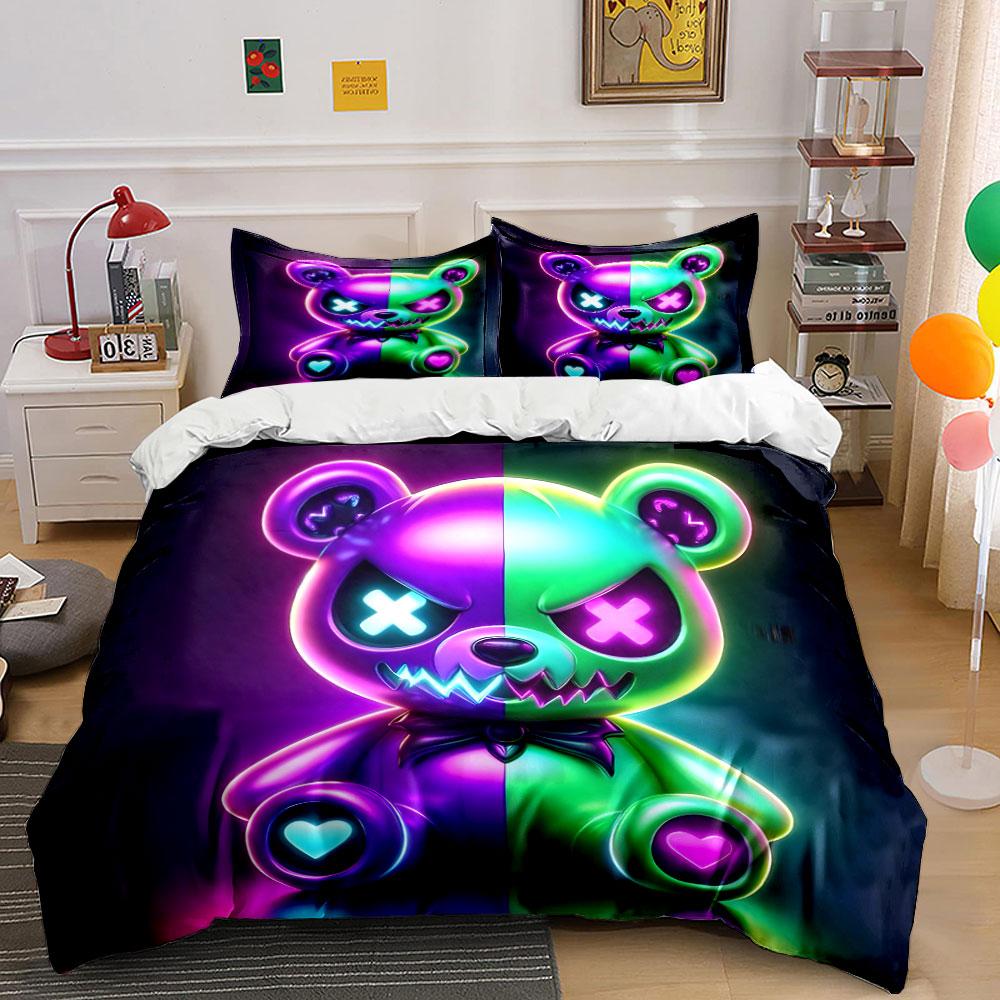 Neon Evil Teddy Bear Design Bedding Duvet Cover Set (1*Duvet Cover 2*Pillowcases, without duvet insert)