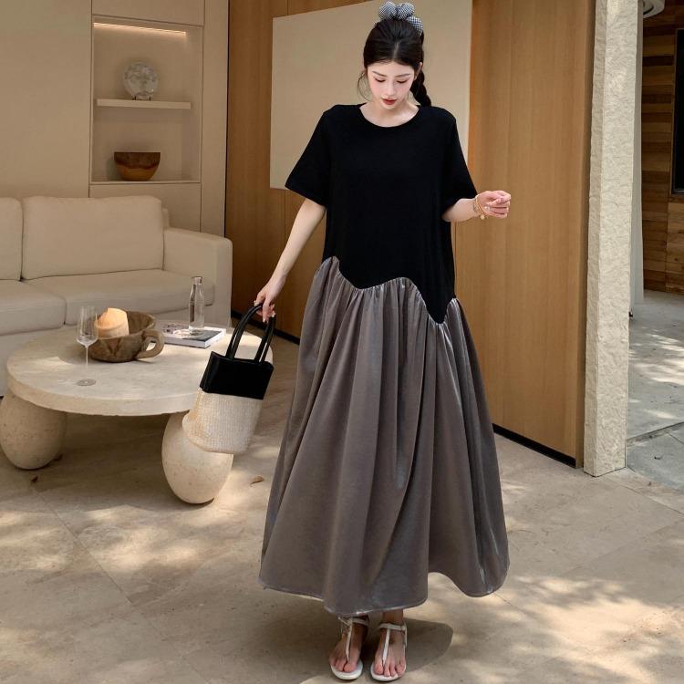Women Summer Plus Size Dress Casual Vintage Oversized Basic Long Loose Spliced O Neck Dress