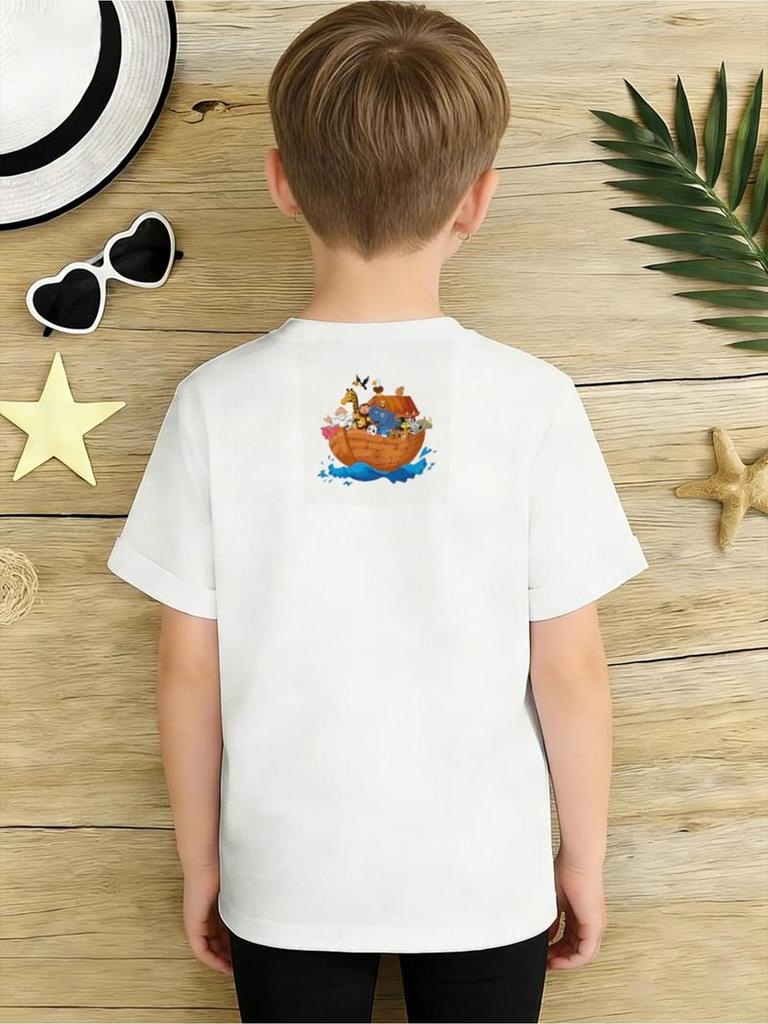 Boys Digital Print Tee, Colorful Cartoon Animal Ark Graphic, Mixed‑Color, 100% Polyester, Multiple Sizes, Comfortable Trendy Casual Top for Daily Use