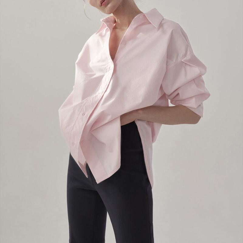 Women Spring Autumn Oversize 100% Cotton Long Sleeve Button Down Shirt, Loose Fit Mid-Length Casual Top S розовый