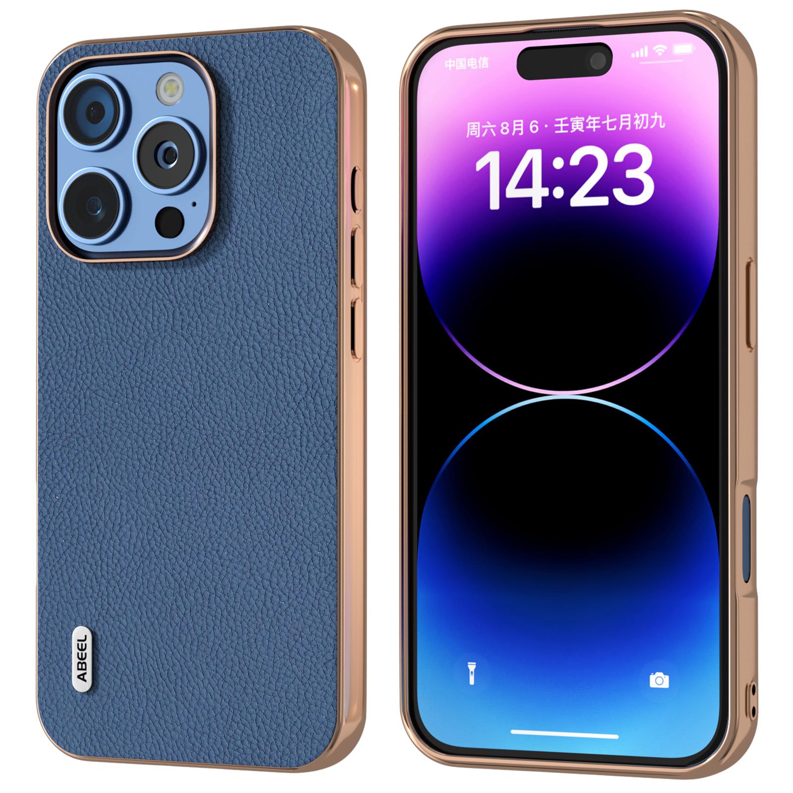 

ABEEL For iPhone 16 Pro Case Electroplating Phone Cover Horizon Series Genuine Cow Leather+TPU Protective Case D