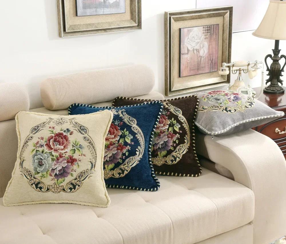 Embroidered Flowers Jacquard Cushion Cover 48x48CM Light Luxury Home Bed Headrest Pillowcase Car Office Sofa Seat Decor