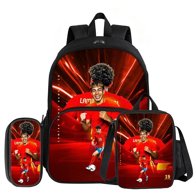 Set de 3 piezas L-Lamin Yamal con Mochila con Bolsillo Frontal Material Escolar Estrella de Fútbol Bolso Escolar, con Bolsa para el Almuerzo, Estuche, Mochila