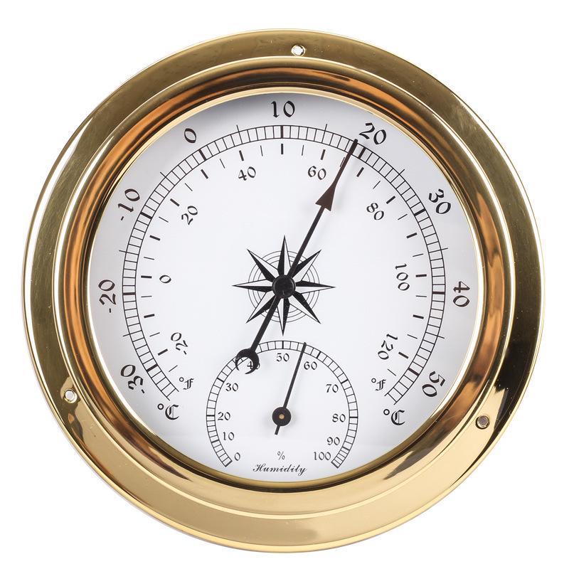 J81 Clock Weather Station with 4-Dial Barometer, Copper Case, 45mm, Includes Temperature & Humidity Meter for Ships