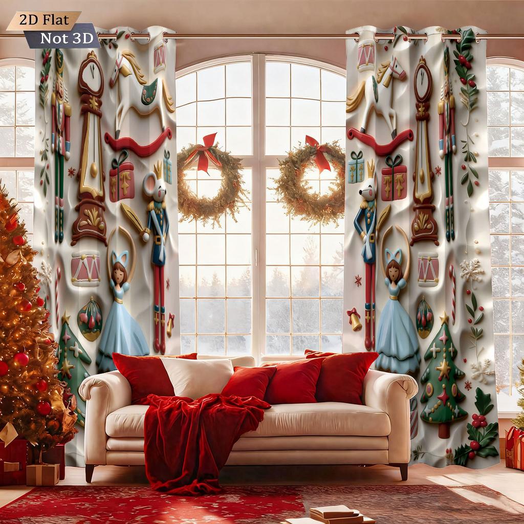Set Of 2 Imitation Relief Christmas Print Perforated Curtains Multi Size Living Room Bedroom Insulation Decorationeasy Installation Curtain Polyester
