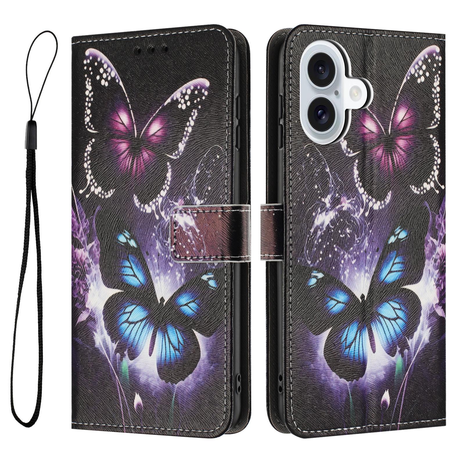 

For iPhone 17 Wallet Case Pattern Printing PU Leather Phone Cover with Lanyard Two Butterflies